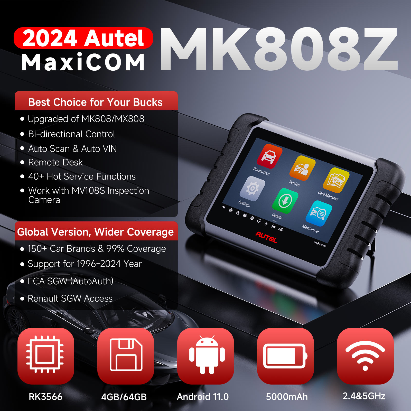  Autel Scanner MaxiCOM MK808Z-BT(Same as MK808BT PRO): Android  11 Based Bi-Directional Control Scan Tool, Upgraded of MK808BT/MK808/MK808S/MX808,  All Systems Diagnosis, Support BT506 & MV108 Add-ons : Automotive